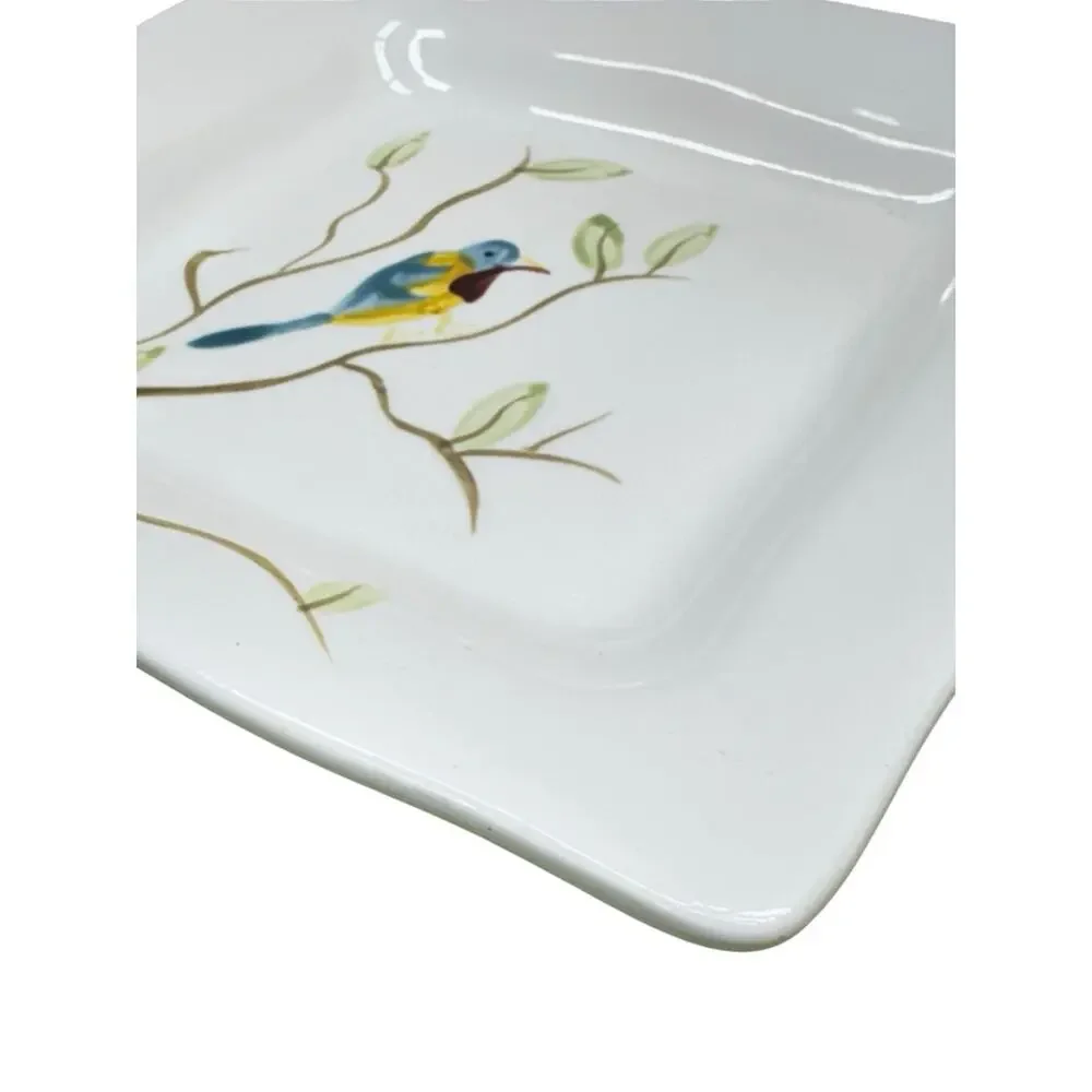 Pier 1 ROBIN Earthenware 8.25in Square Scalloped Edge Plate Bird Twig Lot of 2
